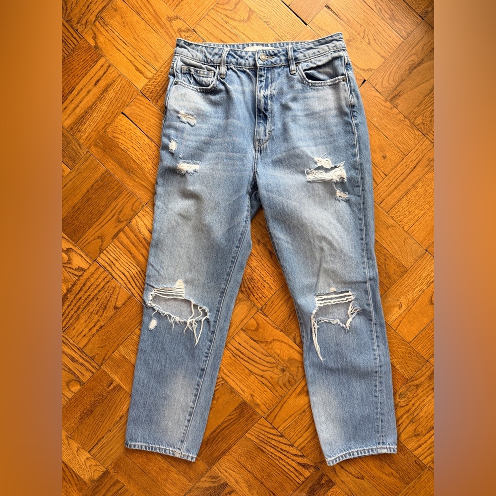 Trendy Distressed Women's Boyfriend Jeans in Light Blue